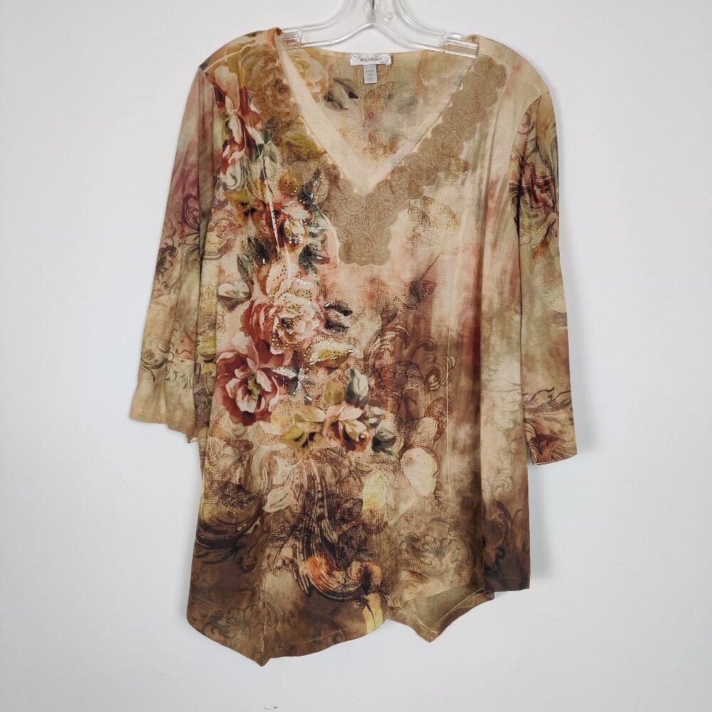 Dressbarn Women's Blouse Size 2X Beige Flowered Jeweled Cord Embroidery Y2K Chic